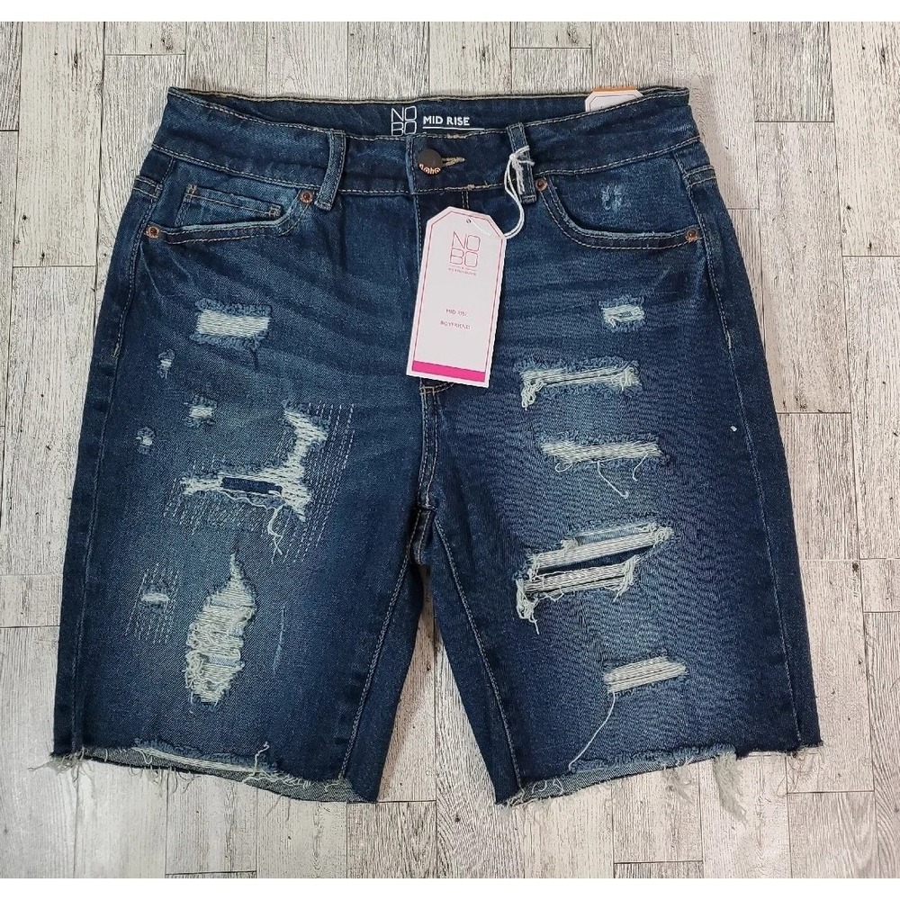 No Boundaries Shorts Womens 7 Denim Bermuda Mid Rise Boyfriend Destructed NEW